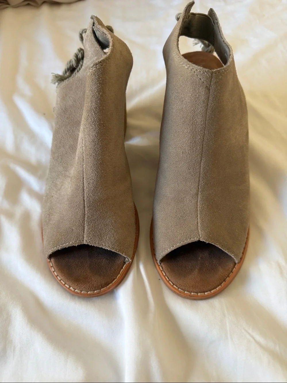 Toms Taupe Suede Peep-Toe Lace-Back Block Heel Booties